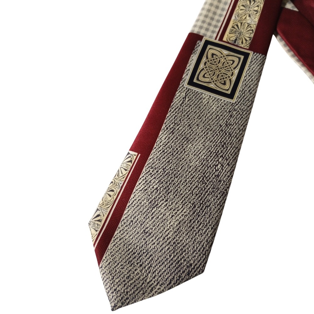 Sidnae Mens Necktie Burgundy Red Grey Celtic Knot Patchwork Microfiber Vintage